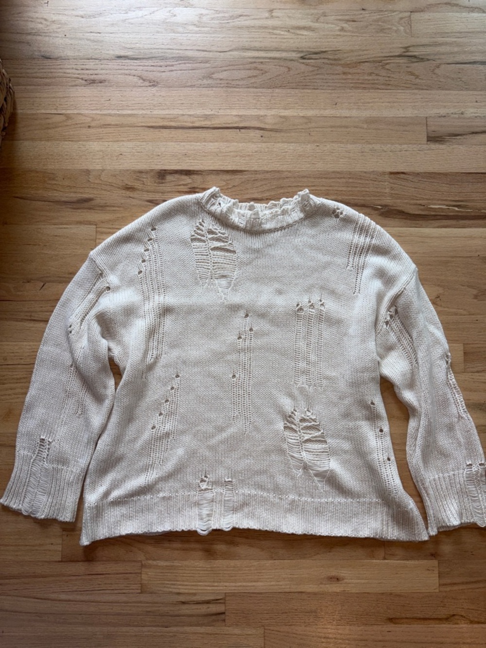 Urban Outfitters BDG Cream Distressed Ruffle Crewneck Sweater